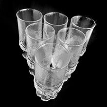 Load image into Gallery viewer, We're digging the unique design of these vintage Franciscan "Madeira Clear" iced tea glasses, set of six. These heavy weighted goblets were produced by Tiffin Glass between 1972 - 1977. These will compliment your tablescape beautifully!  In excellent condition, free from chips/cracks.  Measures 2 7/8 x 6 1/2 inches