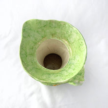 Load image into Gallery viewer, Overhead view of majolica pitcher, poppy pattern in purple/pink/yellow, blue-green glaze, James Kent Fenton, England 1930s 1940s