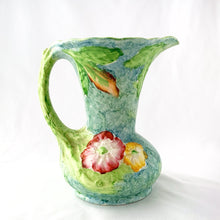 Load image into Gallery viewer, Opposite side view of majolica pitcher, poppy pattern in purple/pink/yellow, blue-green glaze, James Kent Fenton, England 1930s 1940s