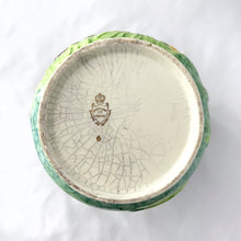 Load image into Gallery viewer, Base view of majolica pitcher, poppy pattern in purple/pink/yellow, blue-green glaze, James Kent Fenton, England 1930s 1940s showing maker's mark and stained crazing marks.