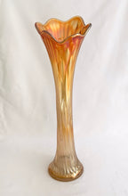 Load image into Gallery viewer, We just love this carnival glass, ruffled vase, in marigold. It's trumpet shape full of orangey, shimmery, iridescence/opalescence goodness. Produced by Imperial Glass, USA. Perfect to show off any floral bouquet! In good vintage condition, no chips or cracks, so wear to the finish at the base. Measures 15 inches