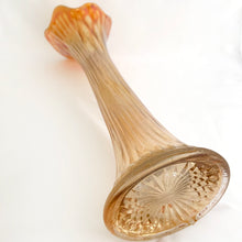 Load image into Gallery viewer, We just love this carnival glass, ruffled vase, in marigold. It's trumpet shape full of orangey, shimmery, iridescence/opalescence goodness. Produced by Imperial Glass, USA. Perfect to show off any floral bouquet! In good vintage condition, no chips or cracks, so wear to the finish at the base. Measures 15 inches