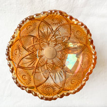 Load image into Gallery viewer, Vintage Hobstar Arches Twins brilliant cut marigold carnival glass punch bowl stand. Crafted by Imperial Glass, USA, 1940s. This iridescence is stunning! Use to support its matching bowl, or repurpose as a candy dish or candle holder.
Excellent vintage condition, no chips.
Measures 5 1/2 x 5 1/2 inches