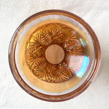 Load image into Gallery viewer, Jacks Daughter of All Trades Vintage Antique Mid-Century Kitsch Store Shop Reseller Etsy Shopify Toronto Canada Free Porch Pick Up Local Delivery Worldwide Shipping Judy Weinberg Unique Housewarming Gift Sustainable Gift Wedding Gift Home Decor Collectible Collector Gift Farmhouse Cottagecore Cottage Lodge Shabby Chic Hobstar Arches Twins brilliant cut marigold carnival glass punch bowl stand Imperial Glass USA 1940s iridescent repurpose candy dish candle holder