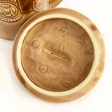 Load image into Gallery viewer, Check out this cool figural ceramic coffee cup shaped cookie jar decorated with steaming cups of hot bevvies and cookies and the lid is super cute with a curled cloud of steam for a handle. Produced by McCoy Pottery in the USA, between 1963-1966. Marked "USA" on the handle. A wonderful collectible to add charm to your kitchen decor or coffee station.
In excellent condition, free from chips/cracks/repairs.
Measures 7 1/2 x 9 1/4 inches