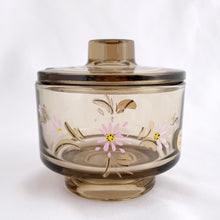 Load image into Gallery viewer, Vintage modernist Joe Colombo smokey brown glass lidded sugar. Crafted by Arno, Italy, 1960s. These pieces have a sleek geometric design with a silhouette that makes the contents in this pressed glass appear suspended above the table surface.
In excellent condition, no chips or cracks. Marked ITALY.
Measures 3 3/8 x 3 3/8 x 3 3/8 inches