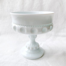 Load image into Gallery viewer, This classic vintage milk glass round pedestal compote in the "Crown" pattern makes a great serving dish for candy, nuts. Alternatively, repurpose on a bathroom vanity to hold cotton balls or bath bombs or use in the office to hold small supplies. This sweet piece of pressed glass will enhance any decor style! In excellent condition, free from chips or cracks. Manufactured by Colony (Indiana Glass Co.) circa 1960/70s. Measures 5 x 5 1/4 inches