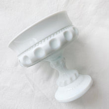 Load image into Gallery viewer, This classic vintage milk glass round pedestal compote in the "Crown" pattern makes a great serving dish for candy, nuts. Alternatively, repurpose on a bathroom vanity to hold cotton balls or bath bombs or use in the office to hold small supplies. This sweet piece of pressed glass will enhance any decor style! In excellent condition, free from chips or cracks. Manufactured by Colony (Indiana Glass Co.) circa 1960/70s. Measures 5 x 5 1/4 inches