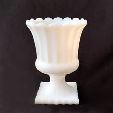 Load image into Gallery viewer, Grecian style milk glass planted. Its fluted shape is ultra feminine and would be perfect for a pretty floral display, or your favourite house plant. Or repurpose as a candy dish, pencil or make-up brush holder. Produced by Hazel-Atlas Glass, USA. In excellent condition, no chips or cracks. Measures 4 1/2 x 6 inches