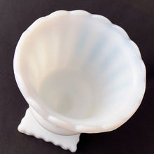 Load image into Gallery viewer, Grecian style milk glass planted. Its fluted shape is ultra feminine and would be perfect for a pretty floral display, or your favourite house plant. Or repurpose as a candy dish, pencil or make-up brush holder. Produced by Hazel-Atlas Glass, USA. In excellent condition, no chips or cracks. Measures 4 1/2 x 6 inches