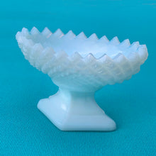 Load image into Gallery viewer, Vintage Milk Glass Oval Shaped Pedestal Bowl, Diamond Point with Saw Toothed Edge Shabby Chic Farmhouse Flea Market Style Home Decor Antique Freelton Mall Toronto Canada Westmoreland