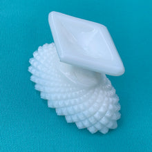 Load image into Gallery viewer, Vintage Milk Glass Oval Shaped Pedestal Bowl, Diamond Point with Saw Toothed Edge Shabby Chic Farmhouse Flea Market Style Home Decor Antique Freelton Mall Toronto Canada Westmoreland