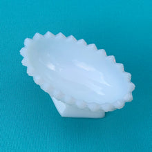 Load image into Gallery viewer, Vintage Milk Glass Oval Shaped Pedestal Bowl, Diamond Point with Saw Toothed Edge Shabby Chic Farmhouse Flea Market Style Home Decor Antique Freelton Mall Toronto Canada Westmoreland