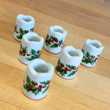 Load image into Gallery viewer, Vintage Christmas Mini Taper Candle Holders with Holly and Berries West Germany Funny Design Holiday Decor Decorations Home Freelton Hamilton Antique Mall shop store community seller reseller Toronto Canada vendor ambience light candlelight