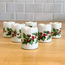 Load image into Gallery viewer, Vintage Christmas Mini Taper Candle Holders with Holly and Berries West Germany Funny Design Holiday Decor Decorations Home Freelton Hamilton Antique Mall shop store community seller reseller Toronto Canada vendor ambience light candlelight