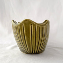 Load image into Gallery viewer, Vintage moss green oval shaped ceramic pottery planter with vertical rib pattern and scalloped edge, shape 628. Produced by Mount Clemens Pottery, USA, circa 1960s. In 1967, MCP purchased McCoy Pottery. A lovely planter for succulent garden or small houseplants. Could be used as a catchall or decor piece. In excellent condition, free from chips/cracks/repairs. Measures 11 x 3 3/4 x 3 3/8 inches