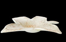 Load image into Gallery viewer, Vintage Murano hand blown leaf-shaped art glass bowl crafted in white cased glass with copper aventurine. Crafted by Fratelli Toso, Italy, 1960s. A beautiful piece of hand crafted glass to enhance your home's decor!
In excellent condition, no chips, one tiny rough spot.
Measures 9 1/4 x 10 1/2 x 2 1/4 inches