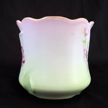 Load image into Gallery viewer, This vintage white porcelain shaving mug is hand painted with lovely pink and green florals with gold rim. Use as intended or repurpose as a toothbrush or make-up brush holder. Marked "Hand Painted Nippon". In excellent condition, no chips/cracks/repairs. Dimensions: 4-3/4" x 3-3/4"