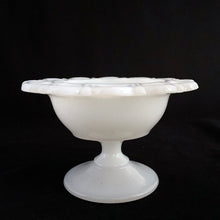 Load image into Gallery viewer, Vintage Old Colony milk glass pedestal compote features an open lace edge. Crafted by Anchor Hocking, 1950 - 1970s. This compote can be used for candy, nuts or in combination with a flower frog for a beautiful flower arrangement or as a trinket or soap dish.
In excellent condition, no chips.
Measures 5 1/4 x 3 1/8 inches