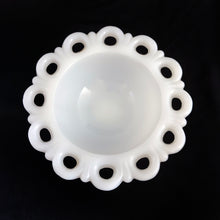 Load image into Gallery viewer, Jacks Daughter of All Trades Vintage Antique Mid-Century Kitsch Store Shop Reseller Etsy Shopify Toronto Canada Free Porch Pick Up Local Delivery Worldwide Shipping Judy Weinberg Unique Housewarming Gift Sustainable Gift Wedding Gift Home Decor Collectible Collector Gift Farmhouse Cottagecore Cottage Lodge Shabby Chic Industrial Hollywood Regency Old Colony open lace edge milk glass pedestal compote Anchor Hocking, 1950s 1960s 1970s flower vase trinket dish soap dish