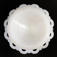 Load image into Gallery viewer, Vintage Old Colony milk glass pedestal compote features an open lace edge. Crafted by Anchor Hocking, 1950 - 1970s. This compote can be used for candy, nuts or in combination with a flower frog for a beautiful flower arrangement or as a trinket or soap dish.
In excellent condition, no chips.
Measures 5 1/4 x 3 1/8 inches