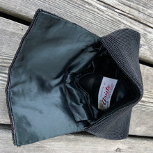 Load image into Gallery viewer, This is one of the nicest, well-cared for and preserved mid-century glass seed beaded evening clutch purses we've encountered. It has a stunning hand sewn beadwork, a black satin interior lining and a nifty pinch/squeeze closure. A super glam piece of vintage fashion! Made in Hong Kong and imported by Aristo. The beading and interior satin are in mint condition. Measures 7-1/4" x 4-5/8"