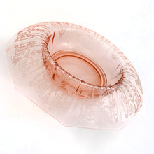 Load image into Gallery viewer, One of most beautiful pieces of depression glass is gracing our shop! In the prettiest shade of pink with incredible etching, this is one stunning rolled rim crystal console or centrepiece bowl in the "CLEO" pattern in the Decagon shape. Designed and produced by the Cambridge Glass Company in 1930. In excellent condition with minimal wear, no chips or cracks. Measures 11"x 2-1/2"