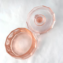 Load image into Gallery viewer, Jacks Daughter of All Trades Vintage Antique Mid-Century Kitsch Store Shop Reseller Etsy Shopify Toronto Canada Free Porch Pick Up Local Delivery Worldwide Shipping Judy Weinberg Unique Housewarming Gift Sustainable Gift Wedding Gift Home Decor Collectible Collector Gift Farmhouse Cottagecore Cottage Lodge Shabby Chic Industrial Hollywood Regency Art Deco pink depression glass lidded vanity jar 1930s