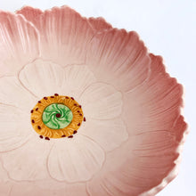 Load image into Gallery viewer, A lovely vintage pink serving bowl embossed with a lotus flower design. It's pretty pink interior is punctuated with a yellow and green centre. Crafted by Royal Winton Grimwades, England, circa 1930. A beautiful serving bowl or decor piece.
In excellent condition, no chips or cracks. Crazing present.
Measures 9 1/4 x 3 inches
