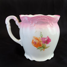 Load image into Gallery viewer, This vintage white porcelain shaving mug has with lovely pink and yellow roses with gold rim. Use as intended or repurpose as a toothbrush or make-up brush holder. Stamped "Welmar Germany". In excellent condition, no chips/cracks/repairs. Dimensions: 3-3/8" x 3-1/2"