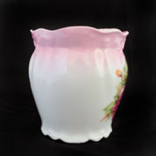 Load image into Gallery viewer, This vintage white porcelain shaving mug has with lovely pink and yellow roses with gold rim. Use as intended or repurpose as a toothbrush or make-up brush holder. Stamped "Welmar Germany". In excellent condition, no chips/cracks/repairs. Dimensions: 3-3/8" x 3-1/2"