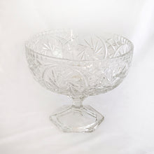 Load image into Gallery viewer, Vintage Crystal Pedestal Bowl Compote Trifle Catchall Cut in Pinwheel Star Compote Pattern Sparkly Ding Octagonal Octagon Round Fruit Tableware Glassware Lead Diamond Hatch Pin Wheel Dessert Centrepiece Centerpiece Gift Wedding Special Occasion Entertain Dinner Party Elegant Upscale Rich Celebration Toronto Hamilton Freelton Antique Mall Store Shop Community Canada