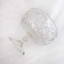 Load image into Gallery viewer, Vintage Crystal Pedestal Bowl Compote Trifle Catchall Cut in Pinwheel Star Compote Pattern Sparkly Ding Octagonal Octagon Round Fruit Tableware Glassware Lead Diamond Hatch Pin Wheel Dessert Centrepiece Centerpiece Gift Wedding Special Occasion Entertain Dinner Party Elegant Upscale Rich Celebration Toronto Hamilton Freelton Antique Mall Store Shop Community Canada