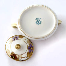 Load image into Gallery viewer, Jacks Daughter of All Trades Vintage Antique Mid-Century Kitsch Store Shop Reseller Etsy Shopify Toronto Canada Free Porch Pick Up Local Delivery Worldwide Shipping Judy Weinberg Unique Housewarming Gift Sustainable Gift Wedding Gift Home Decor Collectible Collector Gift Farmhouse Cottagecore Cottage Lodge Shabby Chic hand painted porcelain oval-shaped covered sugar bowl purple violet flowers gold moriage Maruki Noritake Japan early 20th century