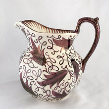 Load image into Gallery viewer, Vintage Purple Lustreware Octagonal Pitcher Botanical Flower Floral Swirls curlicue Curls Cream Ground Wedgwood of Etruria & Barlaston England Tableware Glassware Home Decor Boho Bohemian Shabby Chic Cottage Farmhouse Victorian Mid-Century Modern Industrial Retro Flea Market Style Unique Sustainable Gift Antique Prop GTA Eds Mercantile Hamilton Freelton Toronto Canada shop store community seller reseller vendor Porcelain China