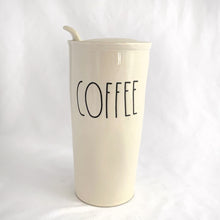 Load image into Gallery viewer, Authentic Rae Dunn Artisan Collection ceramic COFFEE travel tumbler. Crafted by Magenta 214. Perfect for those long commutes or country drives. In excellent condition, no chips or cracks. Measures 3 1/2 x 6 1/4 inches