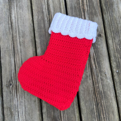 Sweet vintage handmade crocheted Christmas stocking in red and topped with a sparkly white band. Perfect for the wee ones!  In excellent condition.  Measures 9