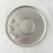 Load image into Gallery viewer, Beautiful hammered aluminum serving tray with embossed tulip design on shape #460. Crafted by Rodney Kent in Brooklyn, New York USA, circa 1950s. This tray would look stunning on a bar cart or pair with a bowl for serving appetizers with dip. In excellent condition. Makers mark on bottom. Measures 11 1/4 x 1/2 inches