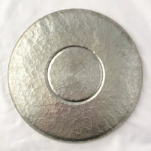 Load image into Gallery viewer, Beautiful hammered aluminum serving tray with embossed tulip design on shape #460. Crafted by Rodney Kent in Brooklyn, New York USA, circa 1950s. This tray would look stunning on a bar cart or pair with a bowl for serving appetizers with dip. In excellent condition. Makers mark on bottom. Measures 11 1/4 x 1/2 inches