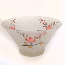 Load image into Gallery viewer, The pretty flowers on this clear satin glass chip bowl are hand painted in shades of pink and the leaves are gold on black stems...so pretty! Whatever you serve in this bowl, you'll know it's party time. Made by Anchor Hocking Glass Co. circa 1960s. In great condition, no chips or cracks. Normal wear. Measures 11" x 5-3/4"