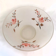 Load image into Gallery viewer, The pretty flowers on this clear satin glass chip bowl are hand painted in shades of pink and the leaves are gold on black stems...so pretty! Whatever you serve in this bowl, you'll know it's party time. Made by Anchor Hocking Glass Co. circa 1960s. In great condition, no chips or cracks. Normal wear. Measures 11" x 5-3/4"