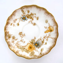 Load image into Gallery viewer, Antique Victorian style "Rutland" demitasse cup and saucer, with blue and yellow flowers trimmed in gold gilt. Crafted by Doulton Burslem, Staffordshire England, circa 1891 - 1902. An absolutely stunning addition to your teacup collection! In excellent condition, free from chips/cracks/repairs. Makers marks present. Cup measures 2 1/8 x 2 1/8 inches and saucer is approximately 4 inches