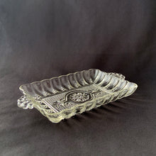 Load image into Gallery viewer, Vintage Clear Pressed Glass Trays Centre Medallion Beaded Handles Cell Phone Candy Elegant Trinket Nut Catchall Dish tableware housewares glassware Home Decor Boho Bohemian Shabby Chic Cottage Farmhouse Mid-Century Modern Industrial Retro Flea Market Style Unique Sustainable Gift Antique Prop GTA Hamilton Toronto Canada shop store community seller reseller vendor Canadian Artisan Artisanal Etched Hand