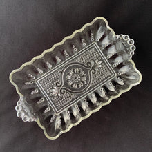 Load image into Gallery viewer, Vintage Clear Pressed Glass Trays Centre Medallion Beaded Handles Cell Phone Candy Elegant Trinket Nut Catchall Dish tableware housewares glassware Home Decor Boho Bohemian Shabby Chic Cottage Farmhouse Mid-Century Modern Industrial Retro Flea Market Style Unique Sustainable Gift Antique Prop GTA Hamilton Toronto Canada shop store community seller reseller vendor Canadian Artisan Artisanal Etched Hand
