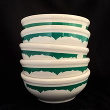 Load image into Gallery viewer, Shenango China was the king of diner tableware in the 20th century! We've all eaten from these fabulous vintage restaurant vitreous stoneware cereal or soup bowls at some point in our lives. These stoneware bowls are distinctively off-white with a scalloped green band. Produced by Anchor Hocking USA beginning in 1901 until 1991. Talk about history! In excellent condition, free from chips/cracks with very minor wear. Measures 5" x 2"