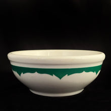 Load image into Gallery viewer, Shenango China was the king of diner tableware in the 20th century! We've all eaten from these fabulous vintage restaurant vitreous stoneware cereal or soup bowls at some point in our lives. These stoneware bowls are distinctively off-white with a scalloped green band. Produced by Anchor Hocking USA beginning in 1901 until 1991. Talk about history! In excellent condition, free from chips/cracks with very minor wear. Measures 5" x 2"