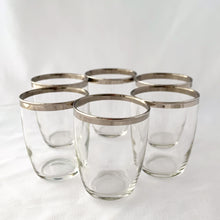 Load image into Gallery viewer, Vintage Mid-Century Modern Dorothy Thorpe Style Silver Banded Whiskey Lowball Cocktail Glasses Bar Cart Barscape Tableware Glassware Drinking Barware Roly Poly Unique Hostess Housewarming Gift Mad Men Hollywood Glam Glamour Glamorous Entertain Party Dinner Unique Housewarming Hostess Gift Freelton Hamilton Antique Mall Toronto Canada Store Shop Community Seller Reseller Vendor GTA