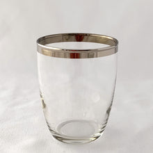 Load image into Gallery viewer, Vintage Mid-Century Modern Dorothy Thorpe Style Silver Banded Whiskey Lowball Cocktail Glasses Bar Cart Barscape Tableware Glassware Drinking Barware Roly Poly Unique Hostess Housewarming Gift Mad Men Hollywood Glam Glamour Glamorous Entertain Party Dinner Unique Housewarming Hostess Gift Freelton Hamilton Antique Mall Toronto Canada Store Shop Community Seller Reseller Vendor GTA