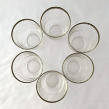 Load image into Gallery viewer, Vintage Mid-Century Modern Dorothy Thorpe Style Silver Banded Whiskey Lowball Cocktail Glasses Bar Cart Barscape Tableware Glassware Drinking Barware Roly Poly Unique Hostess Housewarming Gift Mad Men Hollywood Glam Glamour Glamorous Entertain Party Dinner Unique Housewarming Hostess Gift Freelton Hamilton Antique Mall Toronto Canada Store Shop Community Seller Reseller Vendor GTA