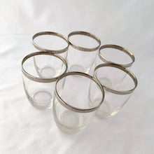 Load image into Gallery viewer, Vintage Mid-Century Modern Dorothy Thorpe Style Silver Banded Whiskey Lowball Cocktail Glasses Bar Cart Barscape Tableware Glassware Drinking Barware Roly Poly Unique Hostess Housewarming Gift Mad Men Hollywood Glam Glamour Glamorous Entertain Party Dinner Unique Housewarming Hostess Gift Freelton Hamilton Antique Mall Toronto Canada Store Shop Community Seller Reseller Vendor GTA